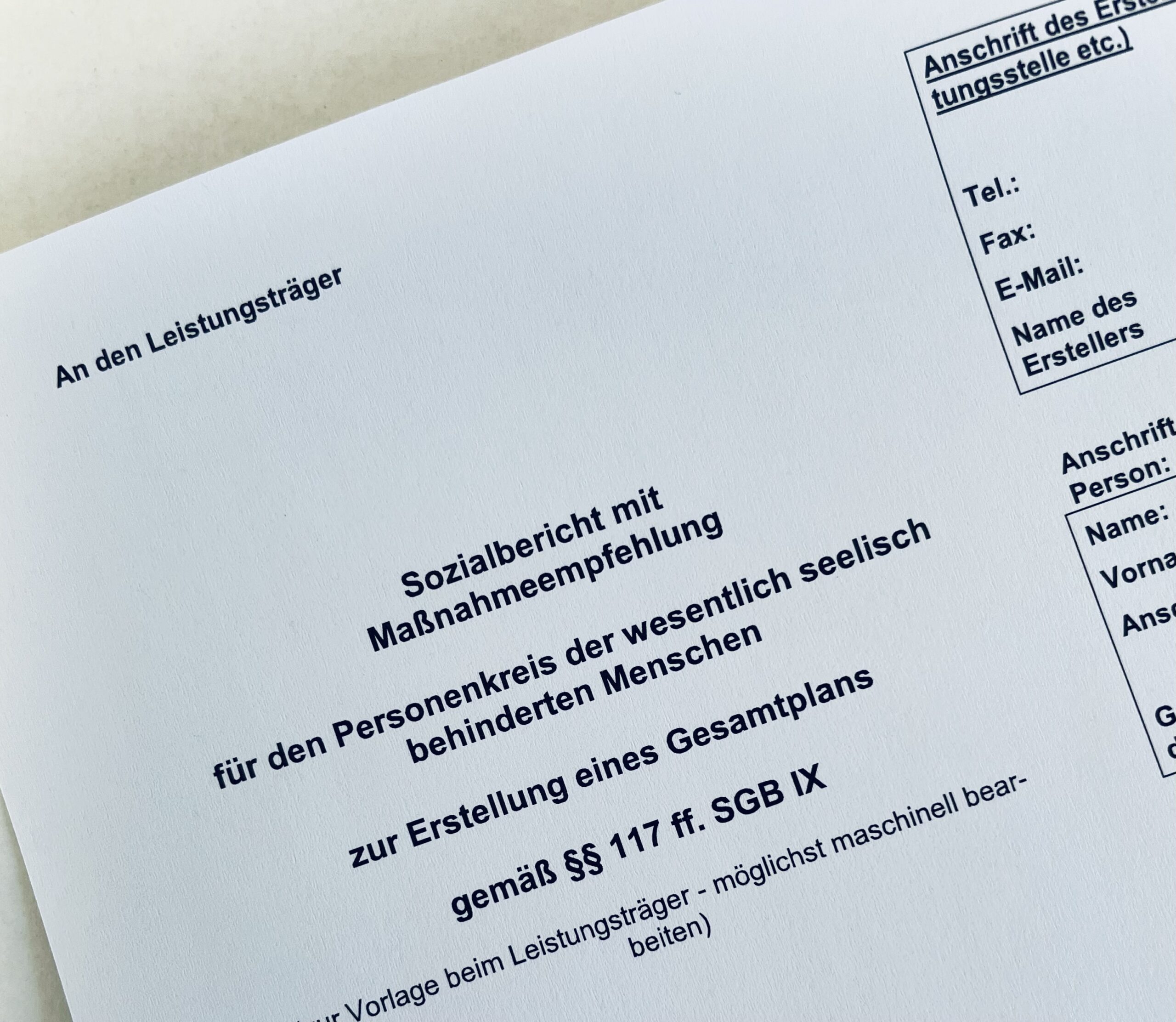 Der Sozialbericht Das Bild zeigt das Formular des Sozialberichts mit Maßnahmeempfehlung für den Personenkreis der wesentlich seelisch behinderten Menschen. Dieser Sozialbericht wird zur Erstellung eines Gesamtplans benötigt.